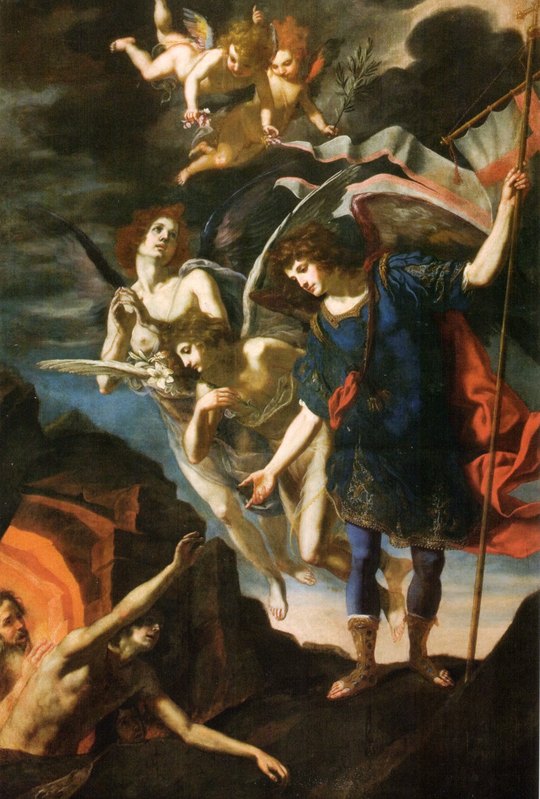 São Miguel Arcanjo, com dois anjos e três anjinhos, estende a mão para as almas do purgatório, em pintura de Jacopo Vignali, século XVII