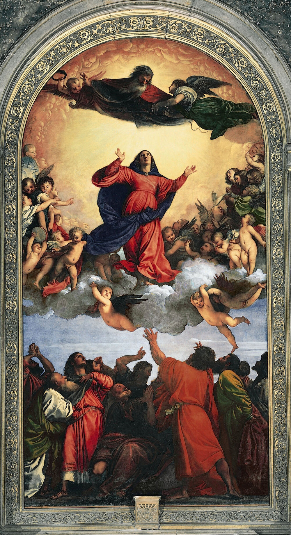 Our Lady rises to heaven with arms open among angels, the apostles looking up from below, painting by Titian