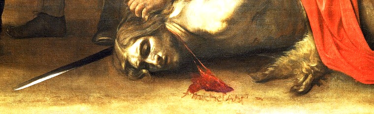 Detail of the painting: Caravaggio's signature written into the blood running from the Baptist's neck