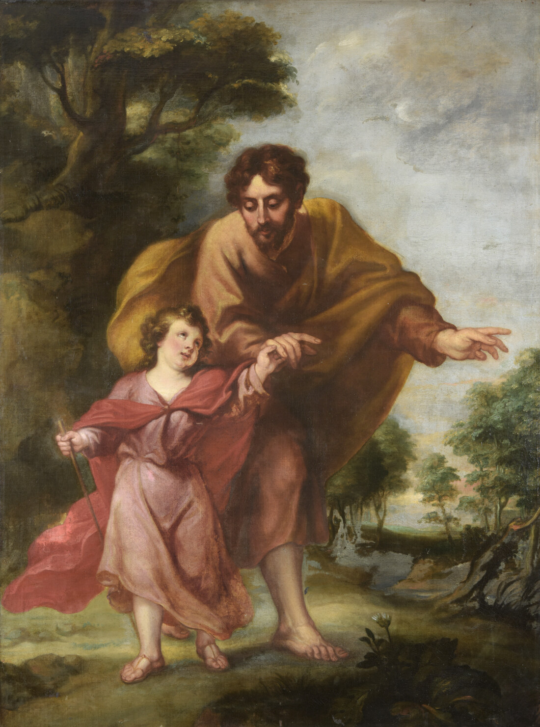 Pintura de Murillo de São José caminhando de mãos dadas com o Menino Jesus