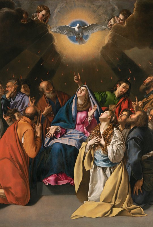 Pentecostes, de Juan Bautista Maíno: no alto, a pomba do Espírito Santo brilha entre as nuvens, pequenas chamas descem sobre os apóstolos, e Maria, no centro, olha para cima com a mão aberta