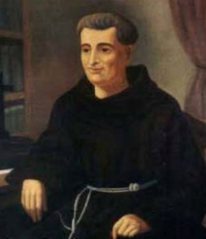 Oil portrait of Frei Galvão, a Franciscan friar in a dark habit and cord, seated at a table