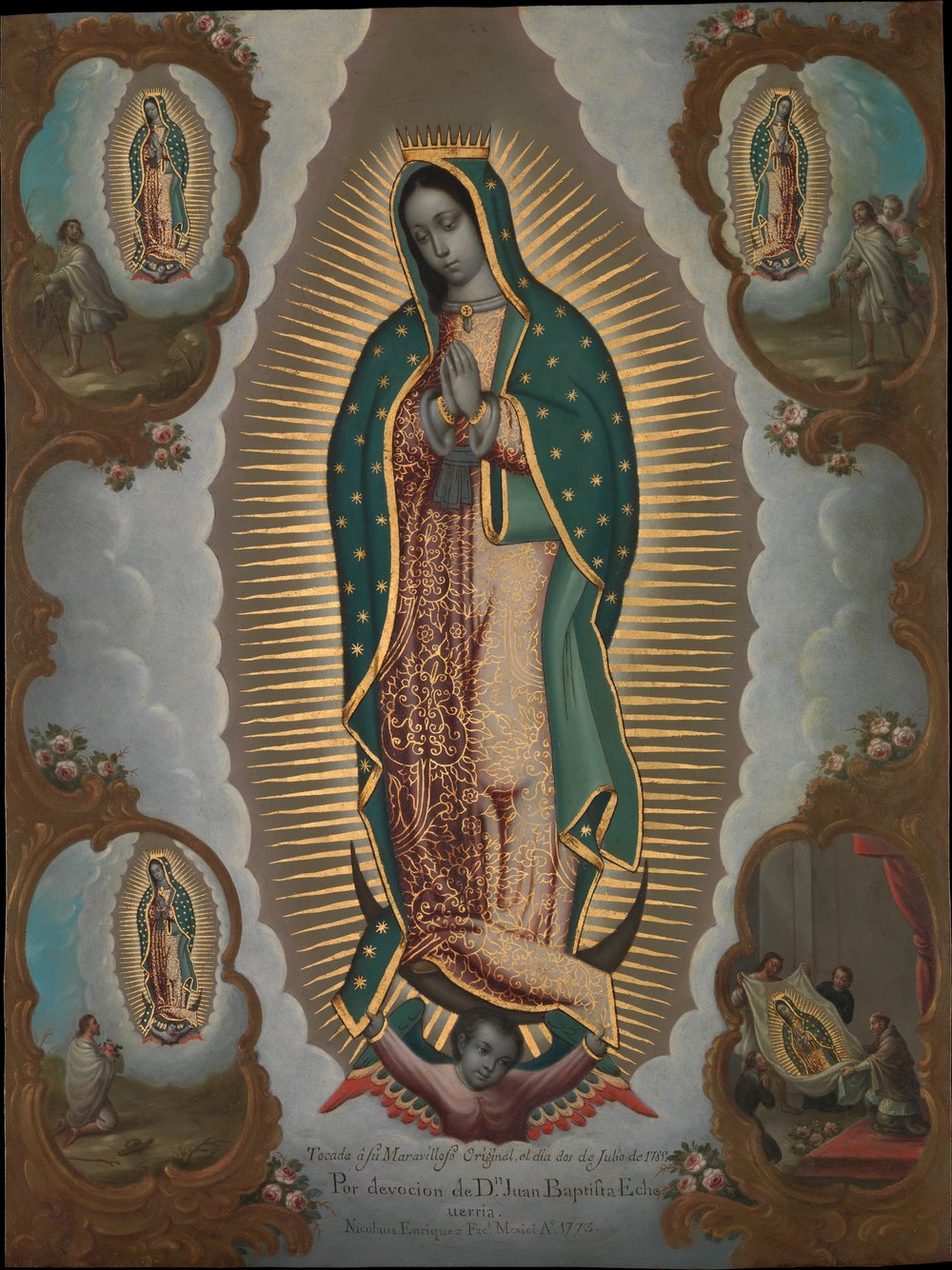 Pintura mexicana do século XVIII: Nossa Senhora de Guadalupe, coroada e cercada de raios dourados, no centro; nos quatro cantos, entre molduras e rosas, cenas das aparições a Juan Diego e a tilma aberta diante do bispo