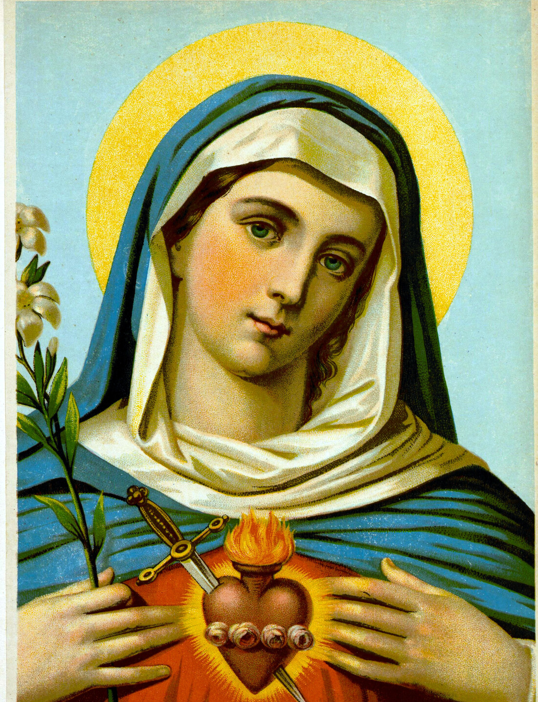 Devotional image of the Immaculate Heart of Mary &mdash; Our Lady with lilies and her flaming Heart pierced by a sword and wreathed with roses