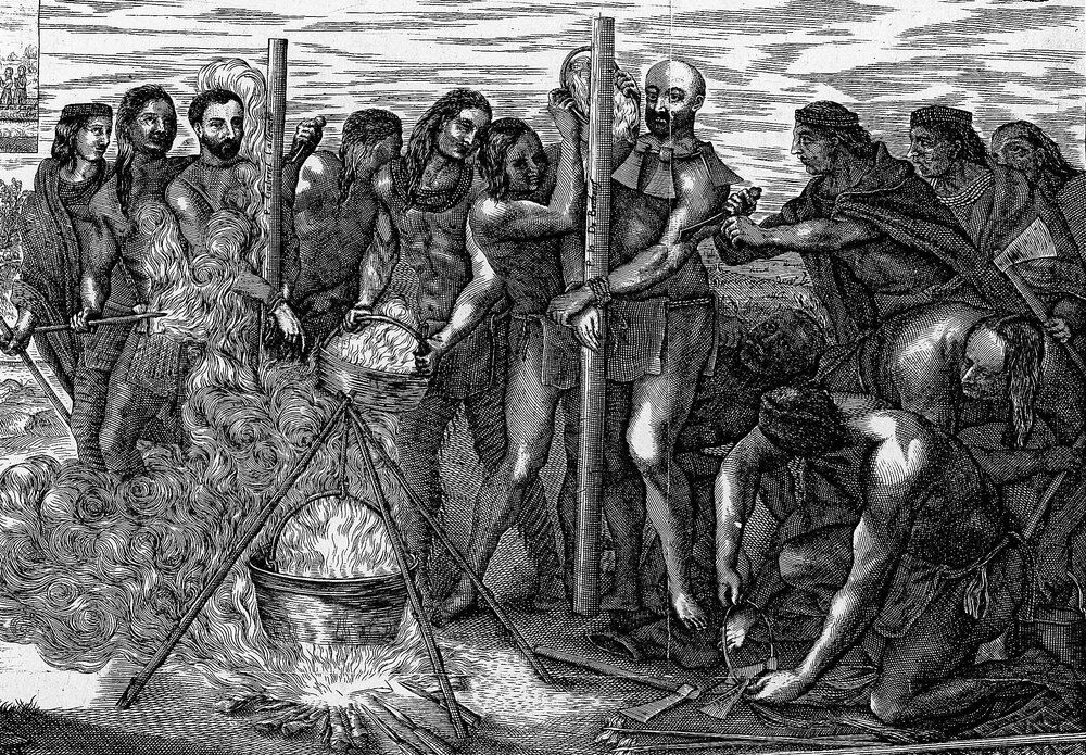 Gravura de 1657: um jesuíta amarrado a um poste, cercado de guerreiros, com um caldeirão fervendo no fogo à frente; a cena da morte de Brébeuf e Lalemant
