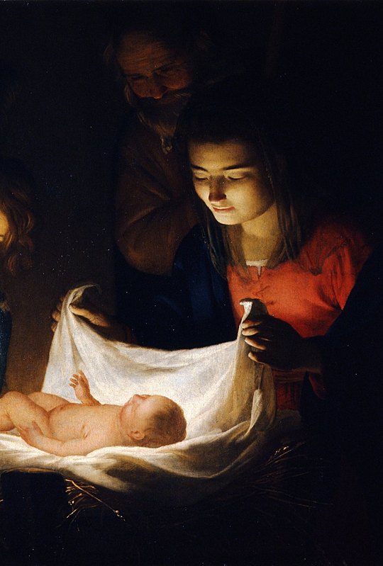 Adoração do Menino, de Gerard van Honthorst: à luz que vem do Menino deitado na palha, Maria levanta o pano da manjedoura, e São José olha por trás dela