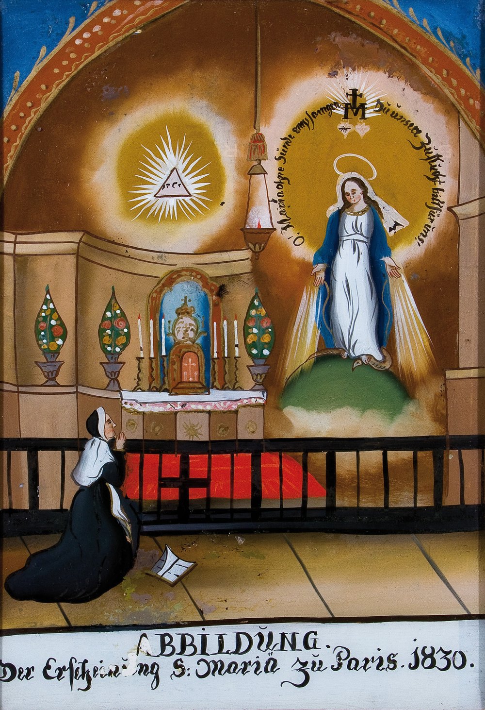 Pintura sob vidro do século XIX: Nossa Senhora das Graças de pé sobre o globo, com raios nas mãos e a invocação em arco, aparece numa capela a uma irmã ajoelhada; embaixo, a legenda em alemão