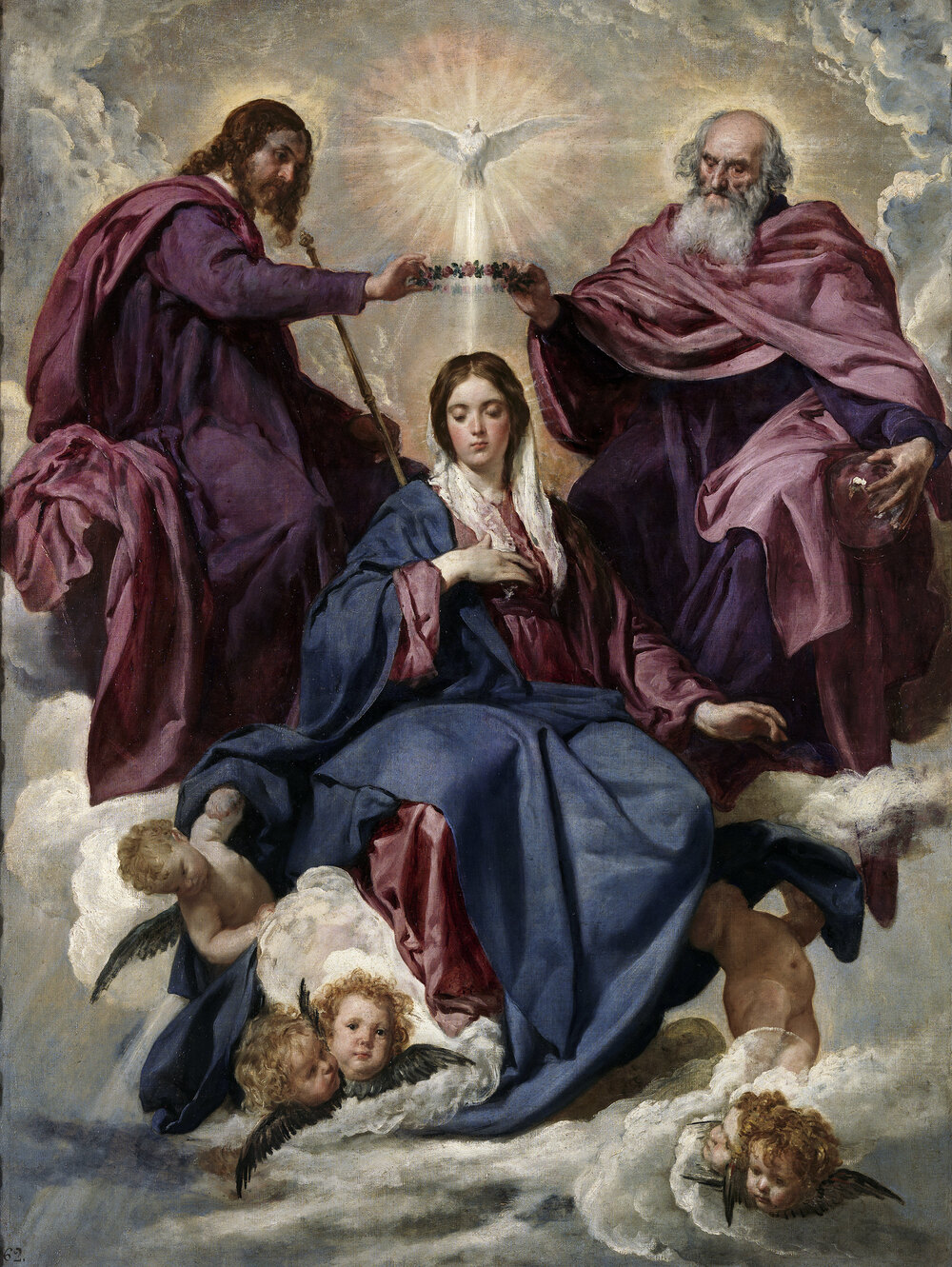 The Holy Trinity crowns Our Lady among clouds and angels, painting by Velázquez