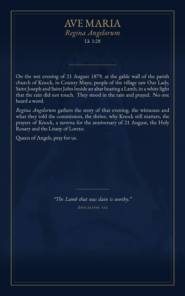 Back cover: “Ave Maria, Regina Angelorum, Lk 1:28”, with the booklet’s presentation and the quotation from Revelation 5:12