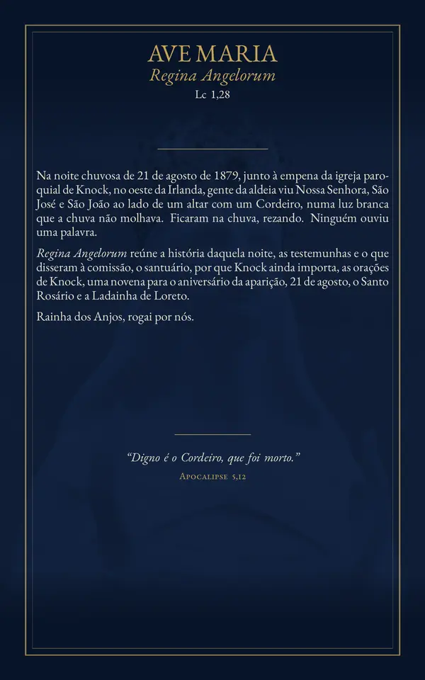 Contracapa: “Ave Maria, Regina Angelorum, Lc 1,28”, com a apresentação do livreto e a citação de Apocalipse 5,12