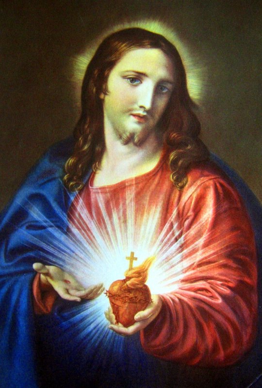 Jesus de túnica vermelha e manto azul, com auréola, segura na mão esquerda o seu Coração em chamas, coroado de espinhos e encimado por uma cruz, e estende a mão direita, numa reprodução da pintura de Pompeo Batoni