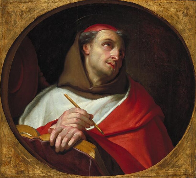 São Boaventura, o Doutor Seráfico, no hábito franciscano e no vermelho cardinalício, com a pena na mão e o olhar erguido ao céu