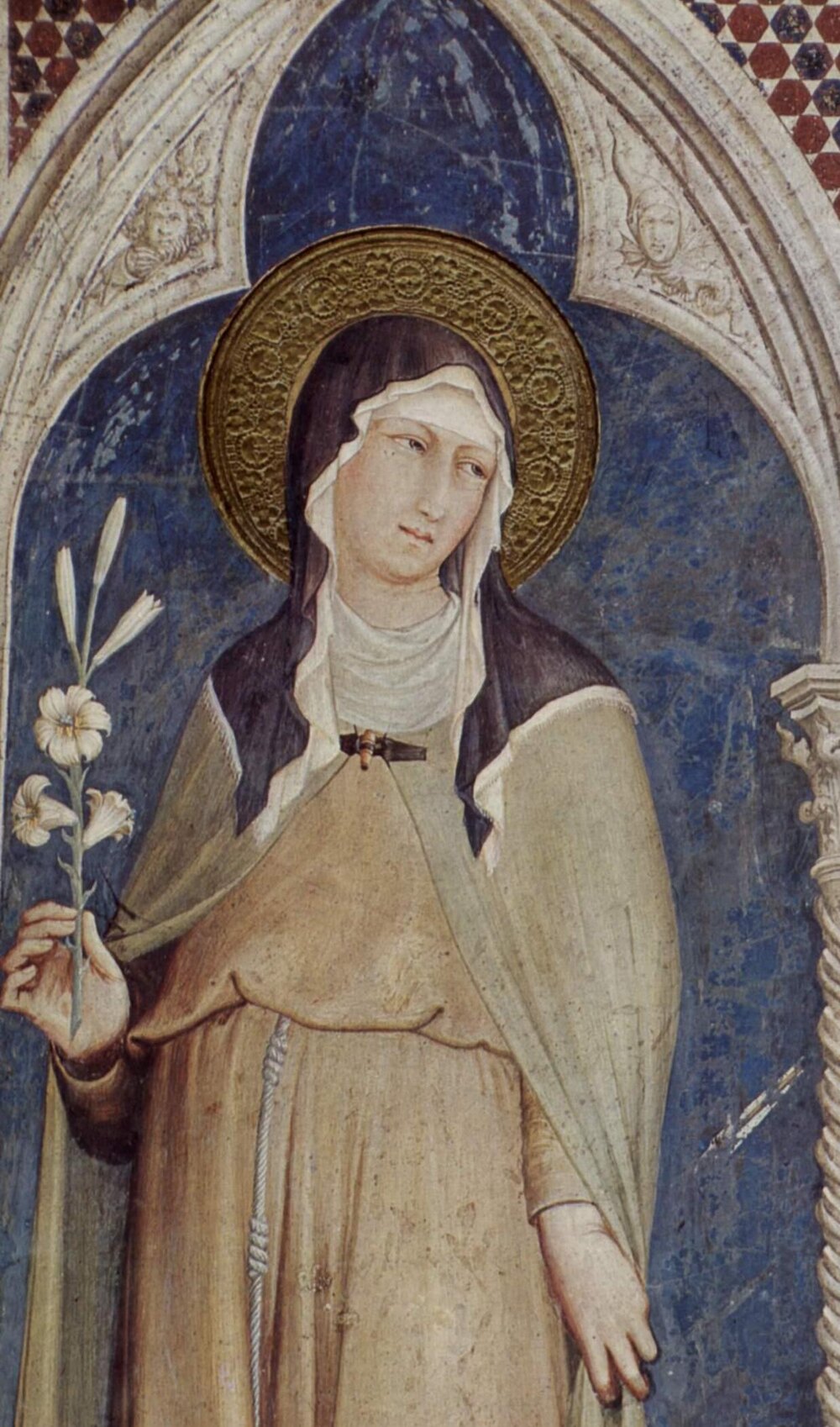 Saint Clare of Assisi in her habit holding a lily, fresco by Simone Martini at Assisi