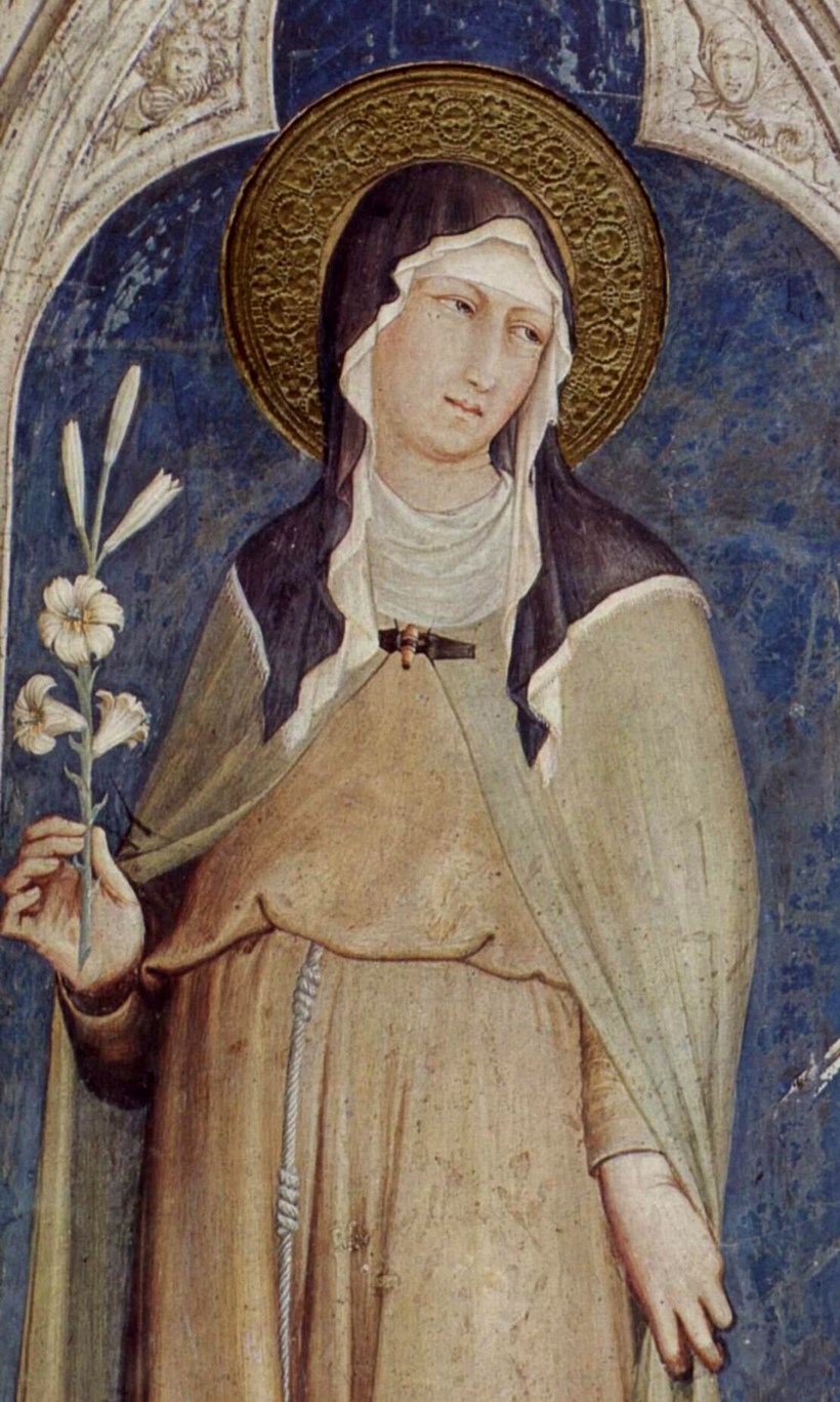 Saint Clare of Assisi in her habit holding a lily, fresco by Simone Martini in the Lower Basilica at Assisi