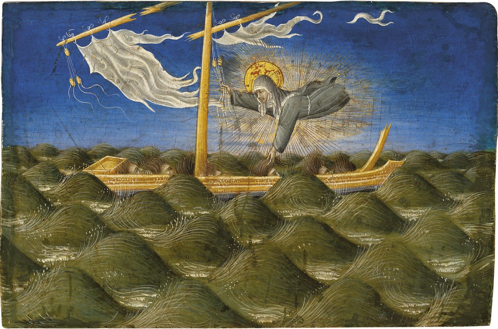 Saint Clare of Assisi appears over the sea in rays of gold to save a foundering ship, panel by Giovanni di Paolo