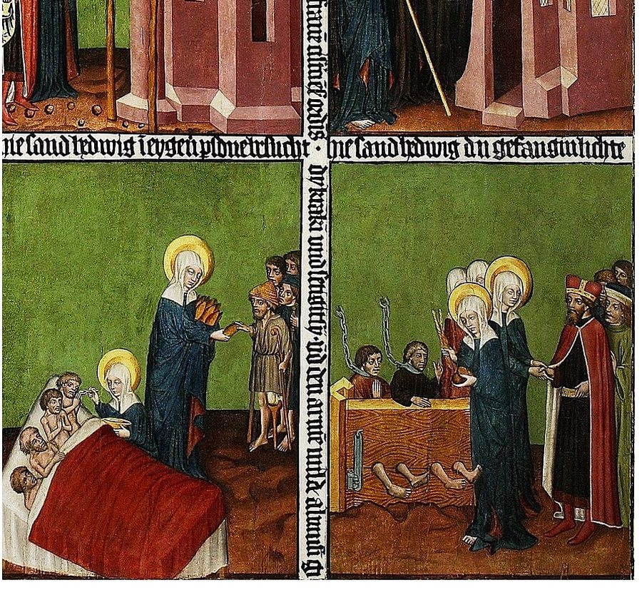 Duas cenas de um painel silesiano de cerca de 1430 sobre a Legenda de Santa Edwiges: ela dando pão a um pobre e servindo doentes, e visitando presos acorrentados