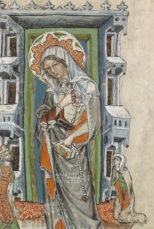 Santa Edwiges da Silésia, na miniatura do Códice de Edwiges, de 1353: com a pequena imagem de Nossa Senhora na mão e os sapatos no braço
