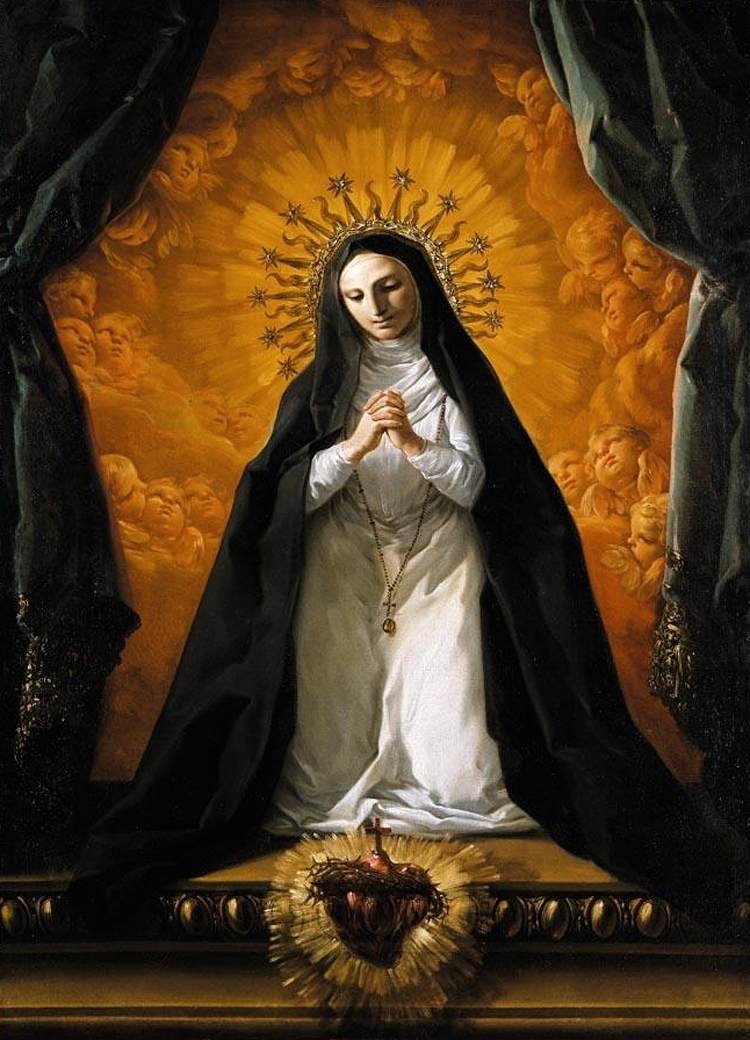 Santa Margarida Maria Alacoque ajoelhada, de mãos postas, diante do Sagrado Coração de Jesus coroado de espinhos, numa nuvem de luz dourada