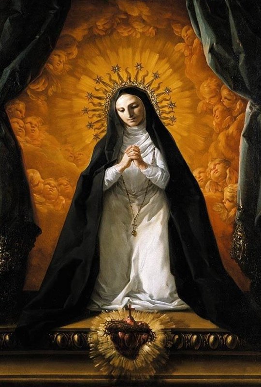 Santa Margarida Maria Alacoque, de véu preto e túnica branca, de mãos postas diante do Sagrado Coração de Jesus, pintura de Corrado Giaquinto