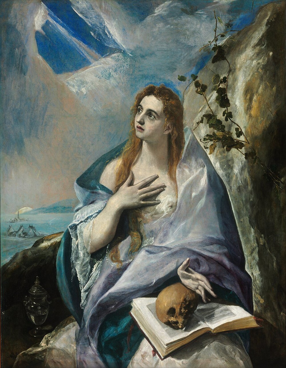 El Greco, A Madalena Penitente — Maria Madalena com o olhar voltado ao c&eacute;u, um livro e um cr&acirc;nio ao lado