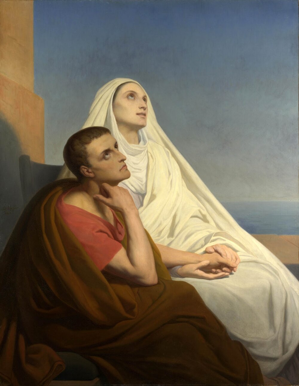 Santa M&ocirc;nica e Santo Agostinho sentados lado a lado olhando para o alto, pintura de Ary Scheffer