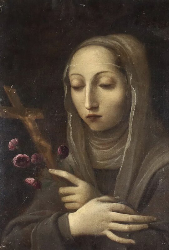 Santa Rita de Cássia, de véu e hábito, de olhos baixos, com as mãos cruzadas sobre o peito, um crucifixo e um ramo de rosas, pintura italiana do século XVII