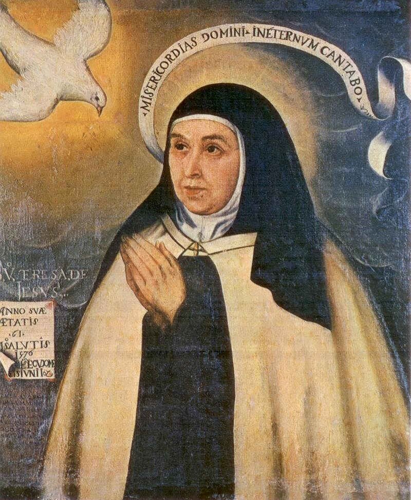 Portrait of Saint Teresa of Jesus in Carmelite habit, hands joined, with the dove of the Holy Spirit at upper left, painted by fray Juan de la Miseria in 1576