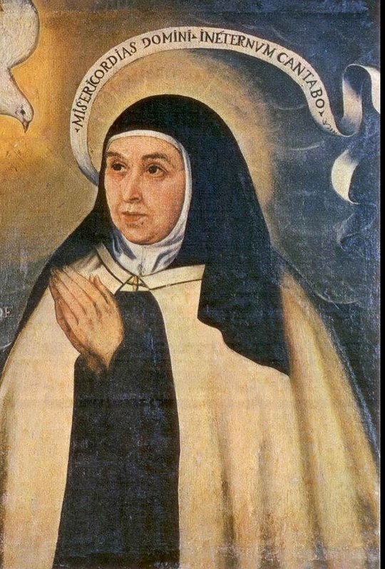 Santa Teresa de Jesus, de hábito carmelita e mãos postas, com a pomba do Espírito Santo no alto, em retrato pintado em Sevilha em 1576