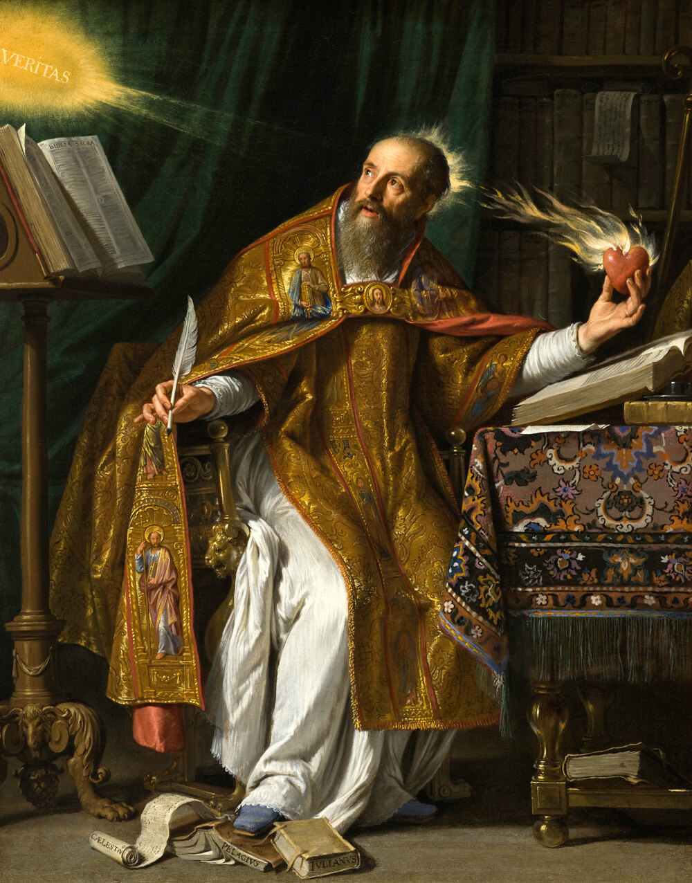 Santo Agostinho escrevendo, de mitra e paramentos dourados, segurando um cora&ccedil;&atilde;o em chamas, pintura de Philippe de Champaigne