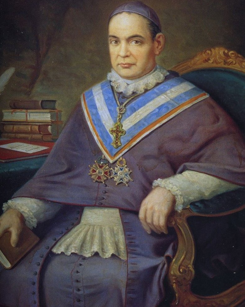 Retrato de Santo Antônio Maria Claret, arcebispo, sentado entre livros, pintura de Luis de Madrazo