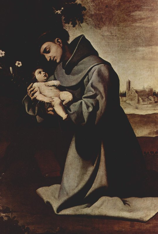 Santo Antônio, de hábito franciscano, ajoelhado numa paisagem ao entardecer, segurando o Menino Jesus nos braços, pintura de Zurbarán