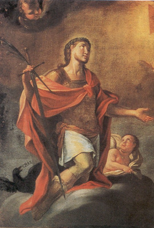 Santo Expedito vestido de soldado romano, com manto vermelho, a palma e a espada na mão, ajoelhado sobre as nuvens, e a seus pés um corvo com a palavra CRAS, pintura de Acireale do século XVIII