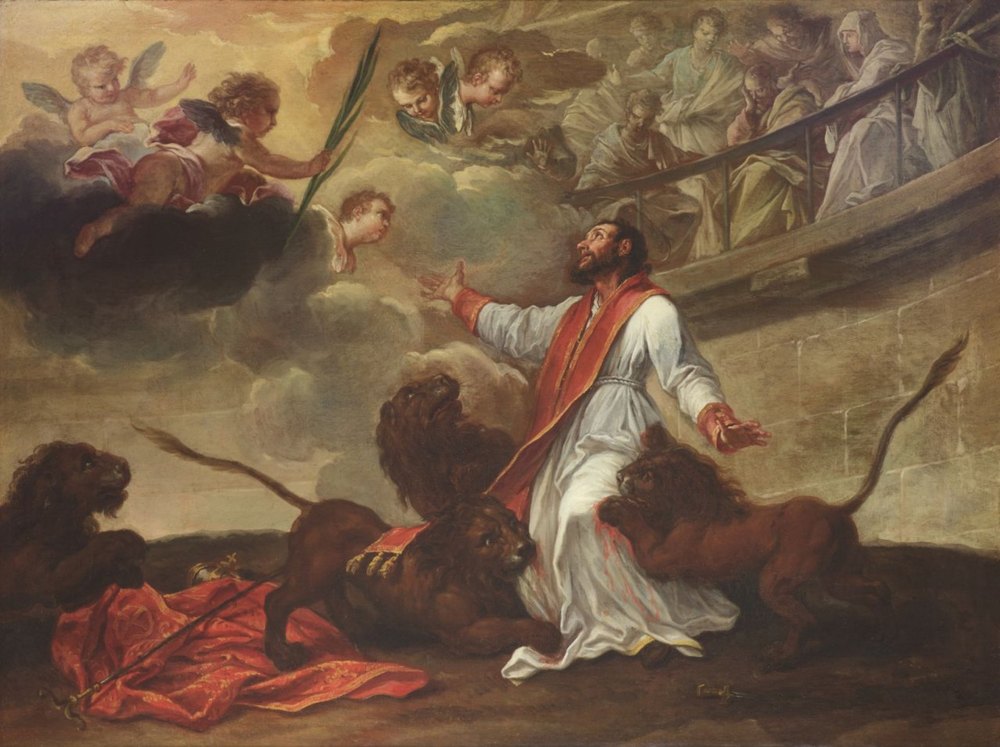 The martyrdom of Saint Ignatius of Antioch, a sketch by Pier Leone Ghezzi: the bishop, in a white tunic and red stole, arms open among lions, looks up at angels bringing him the palm of martyrdom