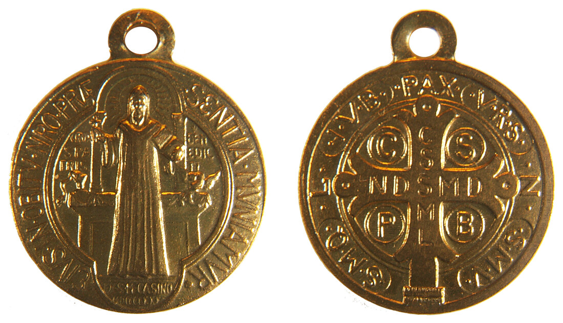 The Medal of Saint Benedict — front with Saint Benedict, reverse with the Cross and its Latin initials
