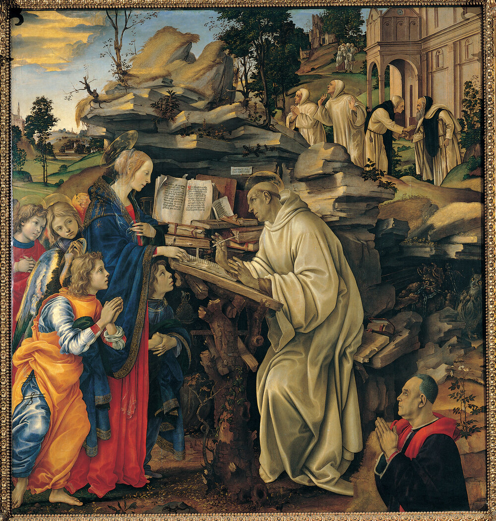S&atilde;o Bernardo de Claraval, de h&aacute;bito branco, escreve diante da Virgem que lhe aparece com anjos, pintura de Perugino