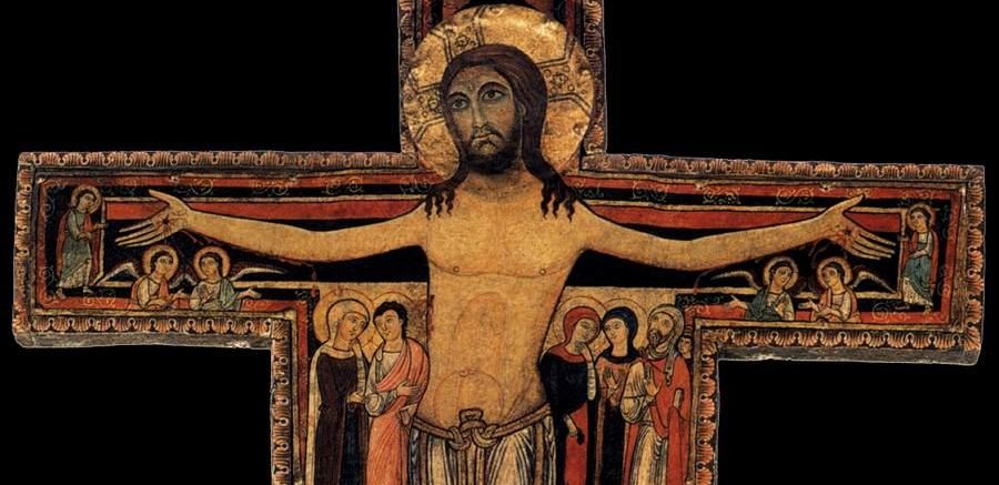 O crucifixo de São Damião: Cristo de braços abertos, com Maria, São João e outras figuras aos lados