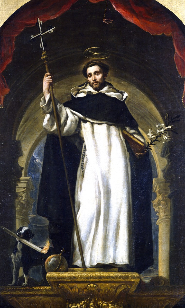 São Domingos de Gusmão com a cruz, o lírio e o cão da tocha aos pés, pintura de Claudio Coello