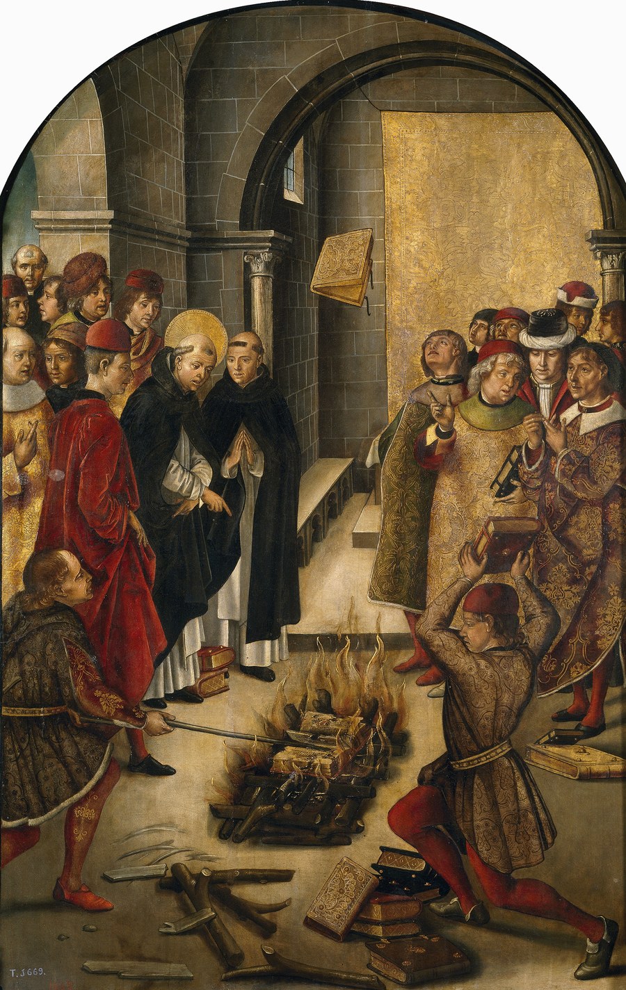 A prova do fogo em Fanjeaux: os livros dos hereges queimam e o livro de São Domingos salta das chamas, painel de Pedro Berruguete
