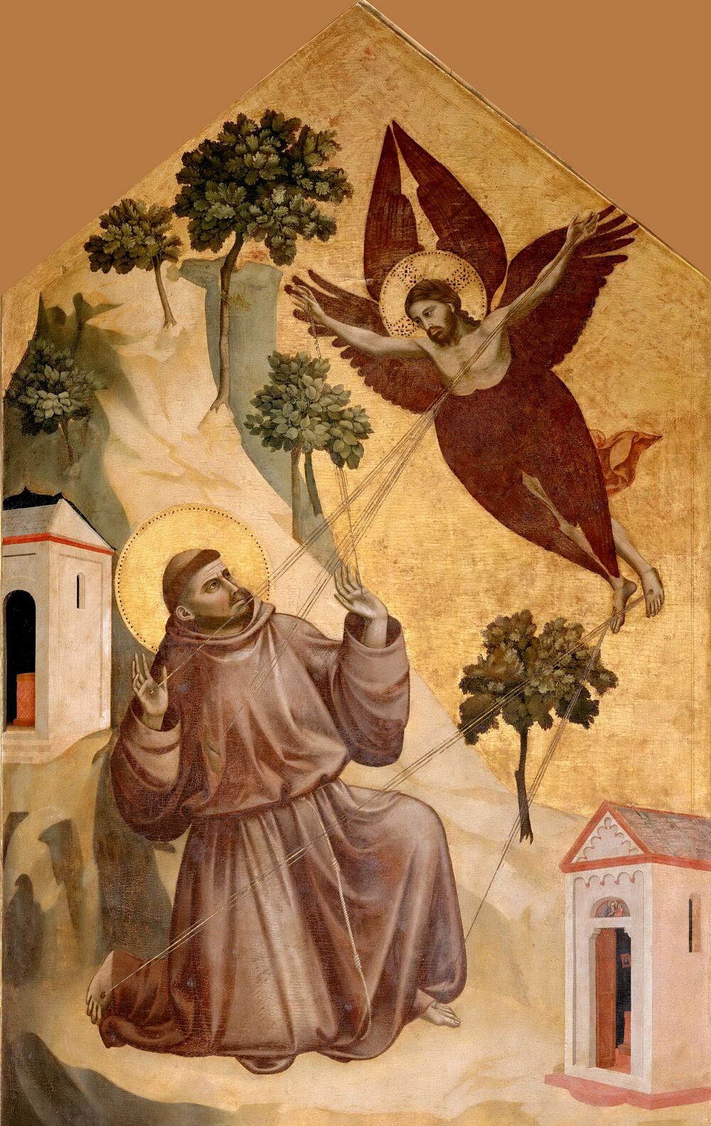 Saint Francis kneeling receives the stigmata from a six-winged seraph, panel by Giotto