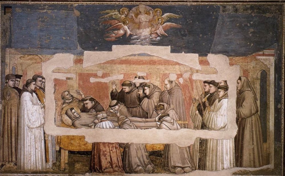 A morte de S&atilde;o Francisco, afresco de Giotto: os frades choram em volta do corpo e, no alto, a alma do santo sobe ao c&eacute;u entre anjos