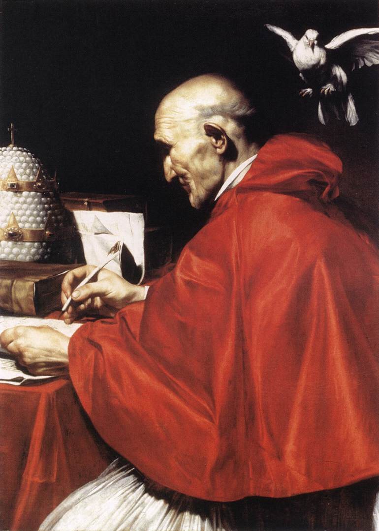 S&atilde;o Greg&oacute;rio Magno com a pomba ao ouvido, pintura de Saraceni