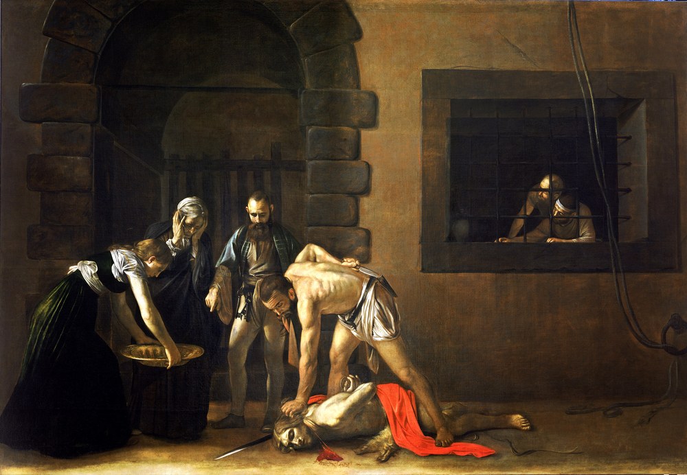 The beheading of Saint John the Baptist in a prison yard, the executioner drawing his knife while a maid holds out the platter, painting by Caravaggio