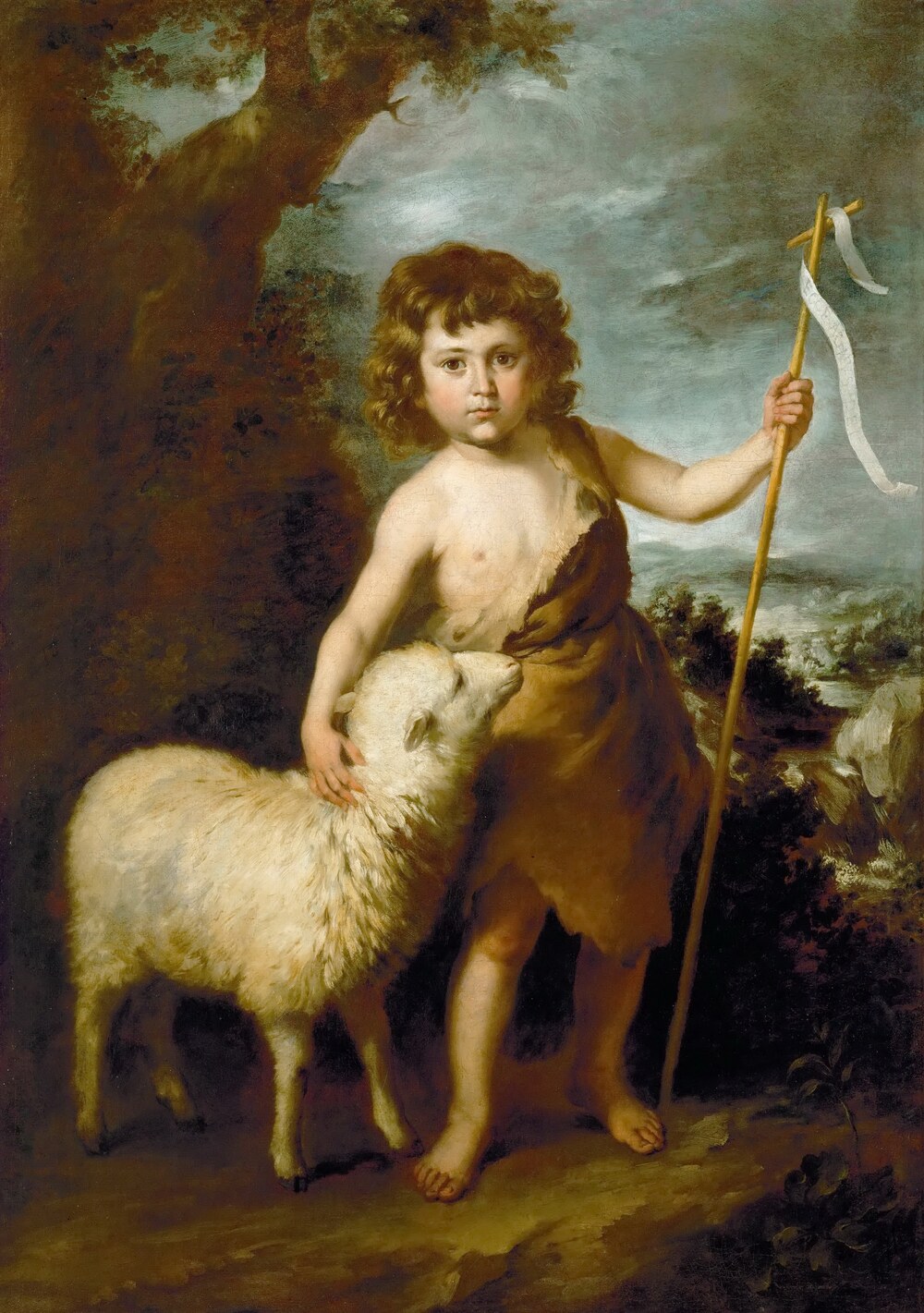 The child Saint John the Baptist with the lamb and the reed cross — oil painting by the workshop of Bartolomé Esteban Murillo