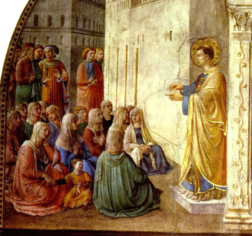 Detail of the fresco: Saint Lawrence hands coins to poor women and children kneeling before him