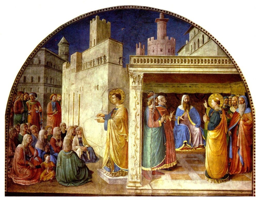 Saint Lawrence in a golden dalmatic distributing the Church's alms to a crowd of kneeling poor, fresco by Fra Angelico