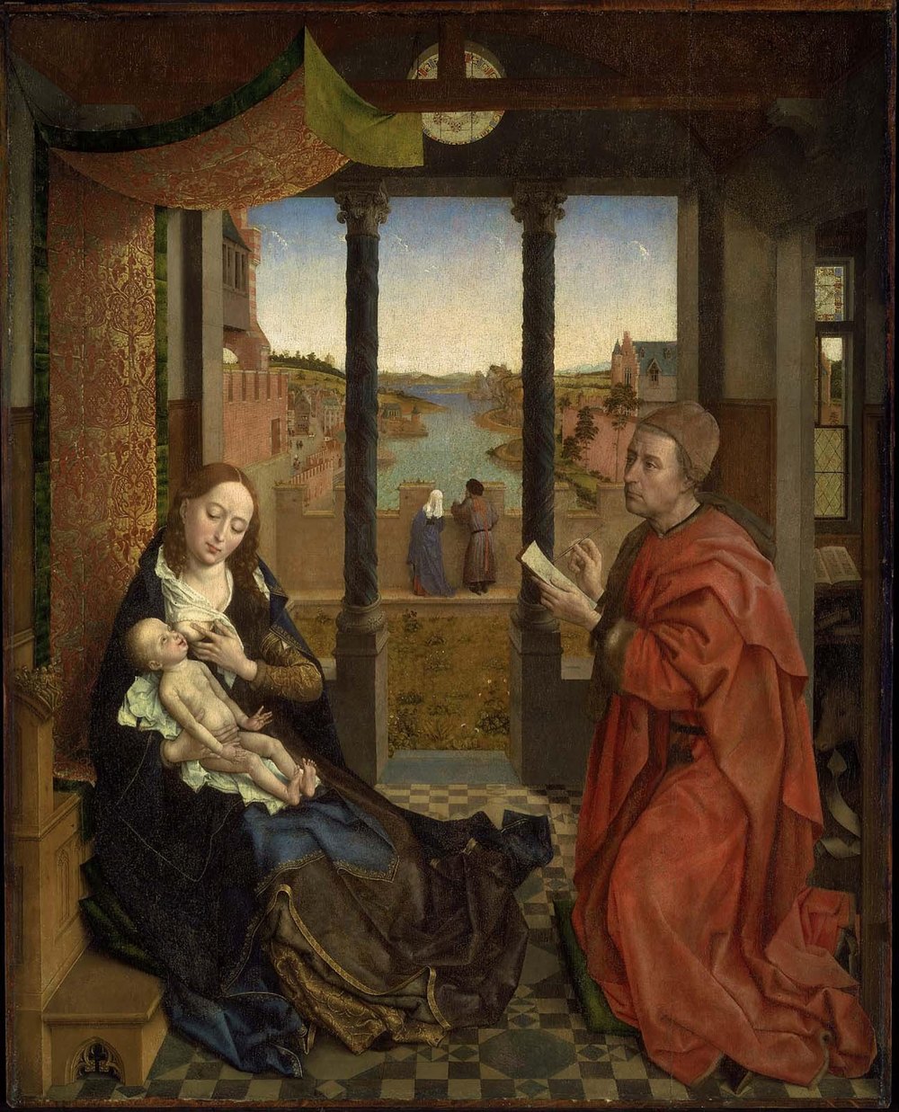 São Lucas desenhando a Virgem, pintura de Rogier van der Weyden: Nossa Senhora sentada amamenta o Menino, e Lucas, de manto vermelho e quase de joelhos, desenha o rosto dela numa folha branca