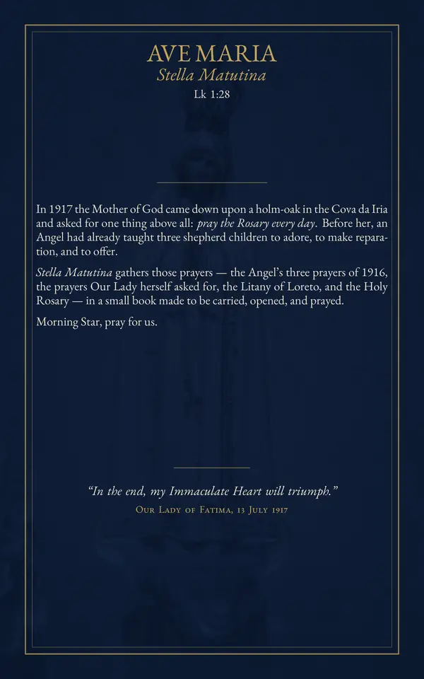 Back cover: “Ave Maria, Stella Matutina, Lk 1:28”, with the booklet’s presentation and the words of Our Lady of Fatima