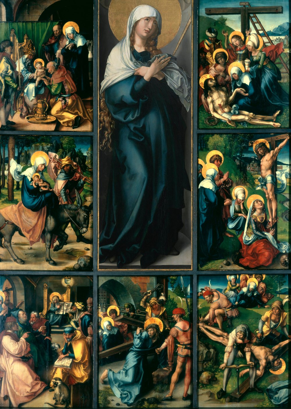 The Seven Sorrows of the Virgin, altarpiece by Albrecht Dürer: Our Lady of Sorrows at the centre, surrounded by seven scenes from her life