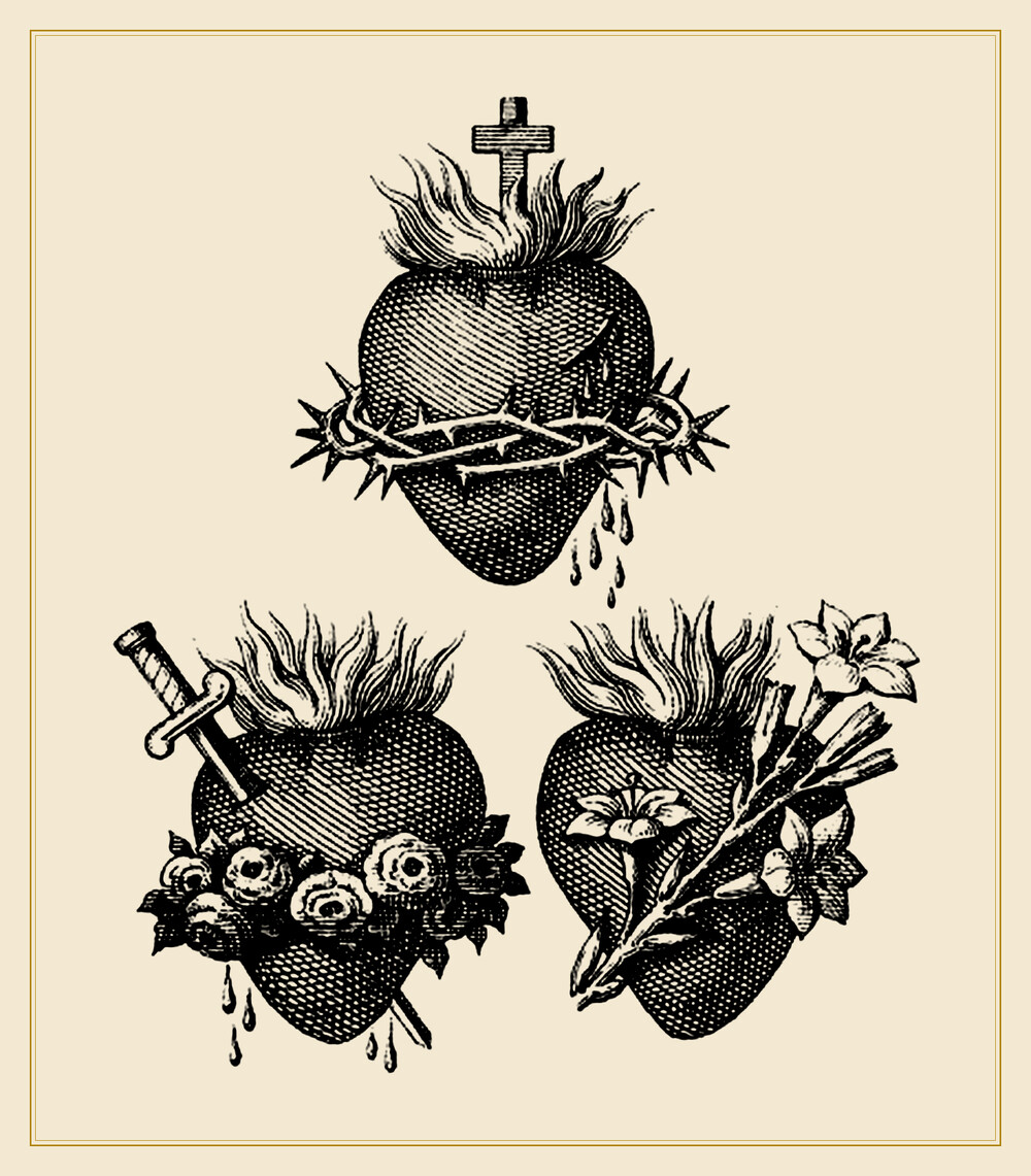 Antique engraving of the Three Hearts &mdash; the Sacred Heart crowned with thorns, the Immaculate Heart pierced by a sword and wreathed with roses, and the Chaste Heart of Joseph with lilies