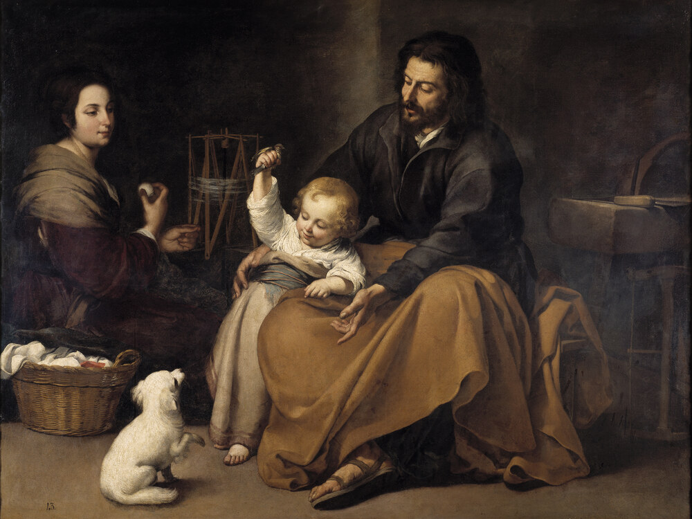 A Sagrada Fam&iacute;lia em casa, com o Menino em p&eacute; sobre o joelho de S&atilde;o Jos&eacute; e um cachorrinho aos p&eacute;s, pintura de Murillo